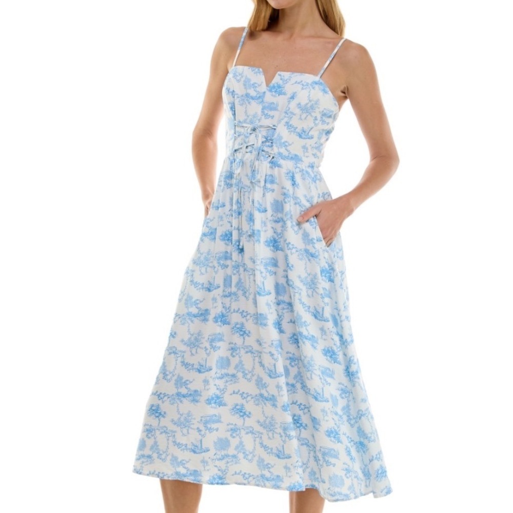 Row A Midi Dress Women XS New Toile Lace Up Front Pockets Spring Blue